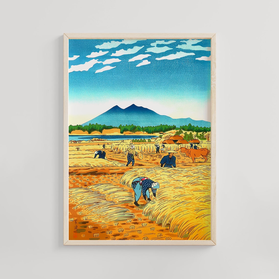 Rice Harvesters Beneath Mount Fuji Shiro Kasamatsu Woodblock Poster