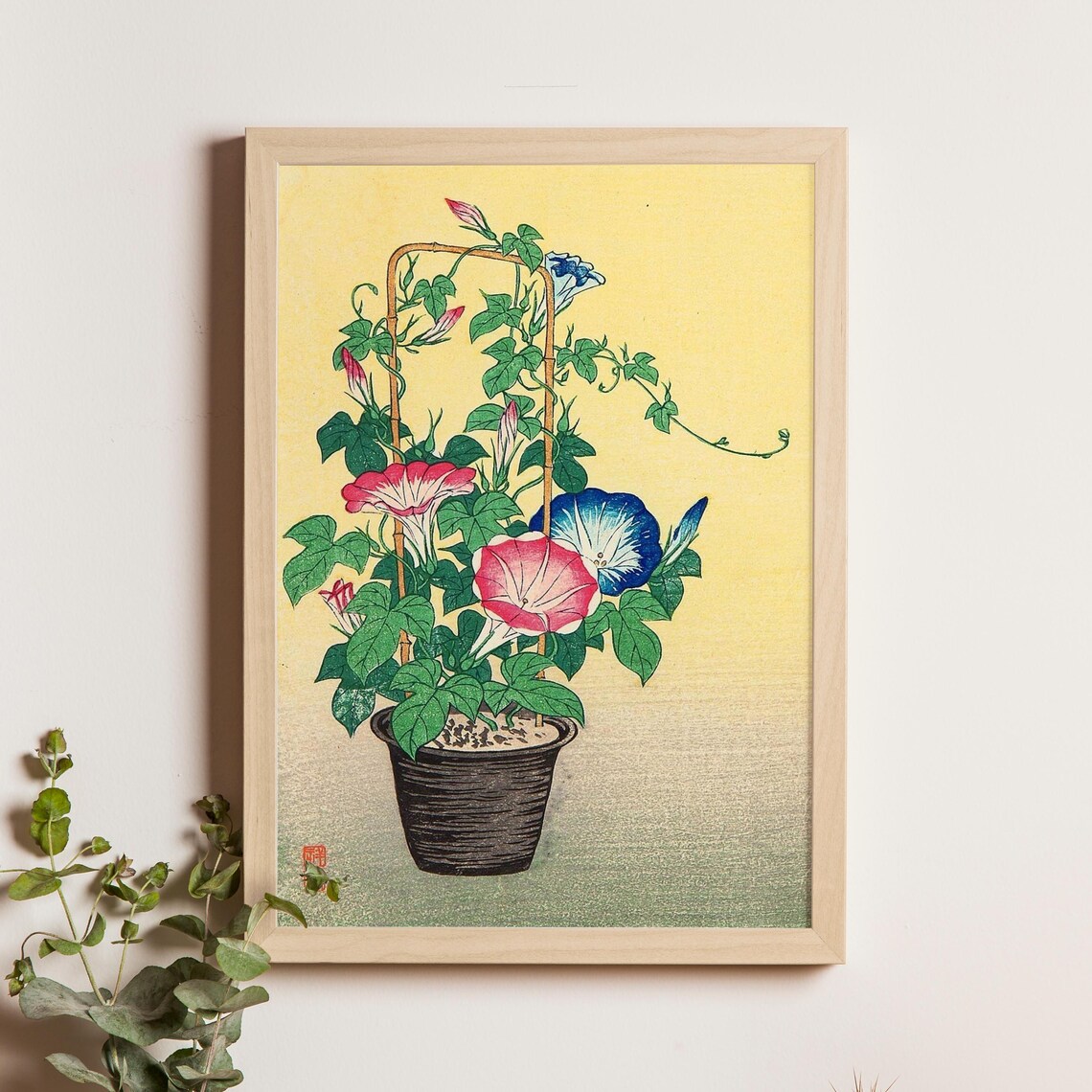 Ohara Koson Pink and Blue Morning Glories in Pot Japanese Poster
