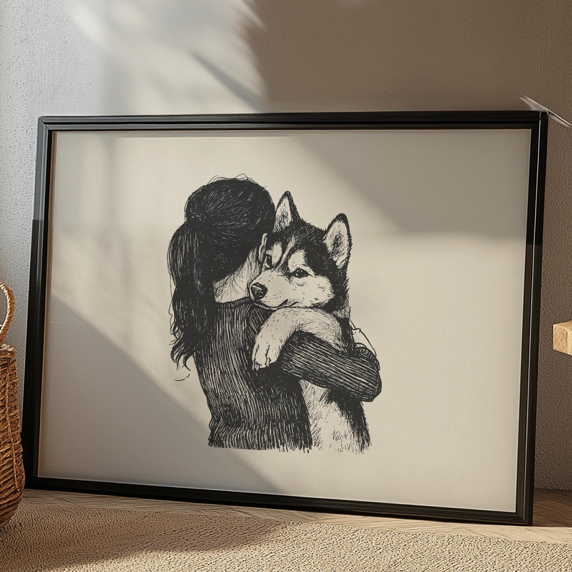 Girl With Husky Nursery Print Husky Puppy Vintage Poster Girls Nursery Wall Art Retro Dog Drawing Dog Art Sketch Baby Room Wall Decor