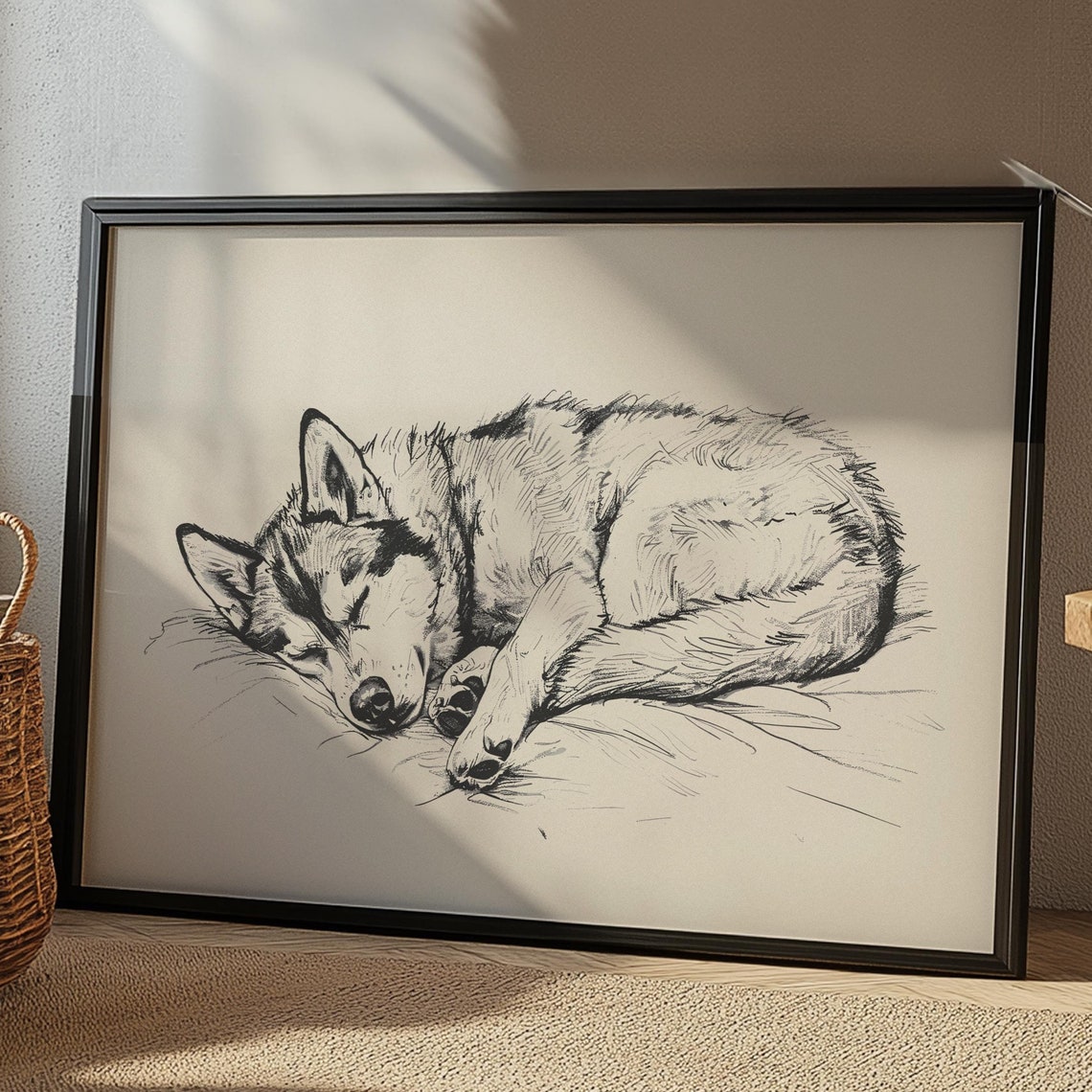 Husky Nursery Retro Print Girls Room Vintage Decor Sleeping Dog Wall Art Boys Room Sketch Baby Nursery Art Dog Drawing Dog Painting