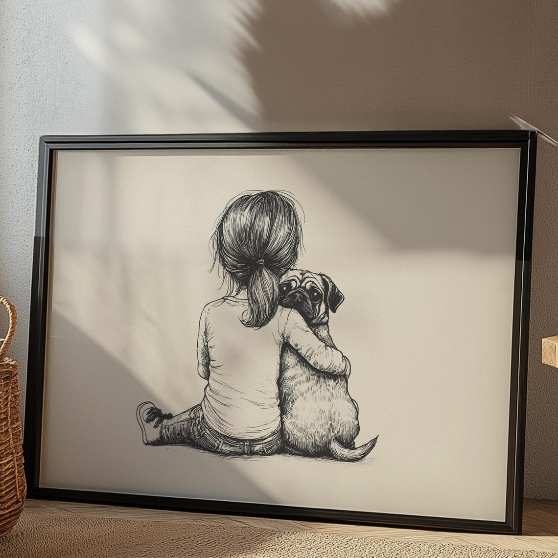 Girl With Pug Nursery Print Dog Vintage Decor Pug Sketch Puppy Nursery Art Country Wall Decor Neutral Dog Drawing Dog Wall Art Poster