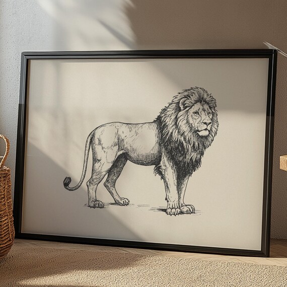 Standing Lion Ink Sketch Majestic Safari King Animal Art Poster