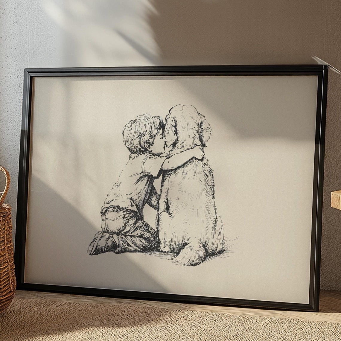 Golden Retriever And Boy Nursery Print Dog Nursery Art Kids Room Retro Poster Dog Sketch Art Neutral Dog Drawing Boys Room Decor
