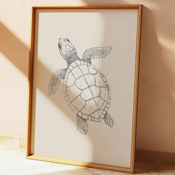 Sea Turtle Line Drawing Vintage Ocean Wildlife Sketch Art Poster