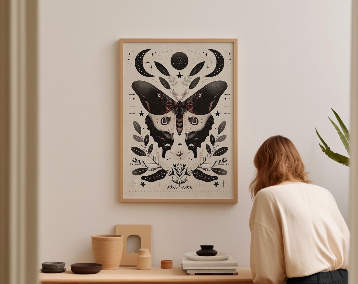 Moth With Moon Phases Botanical Celestial Light Academia Wall Art