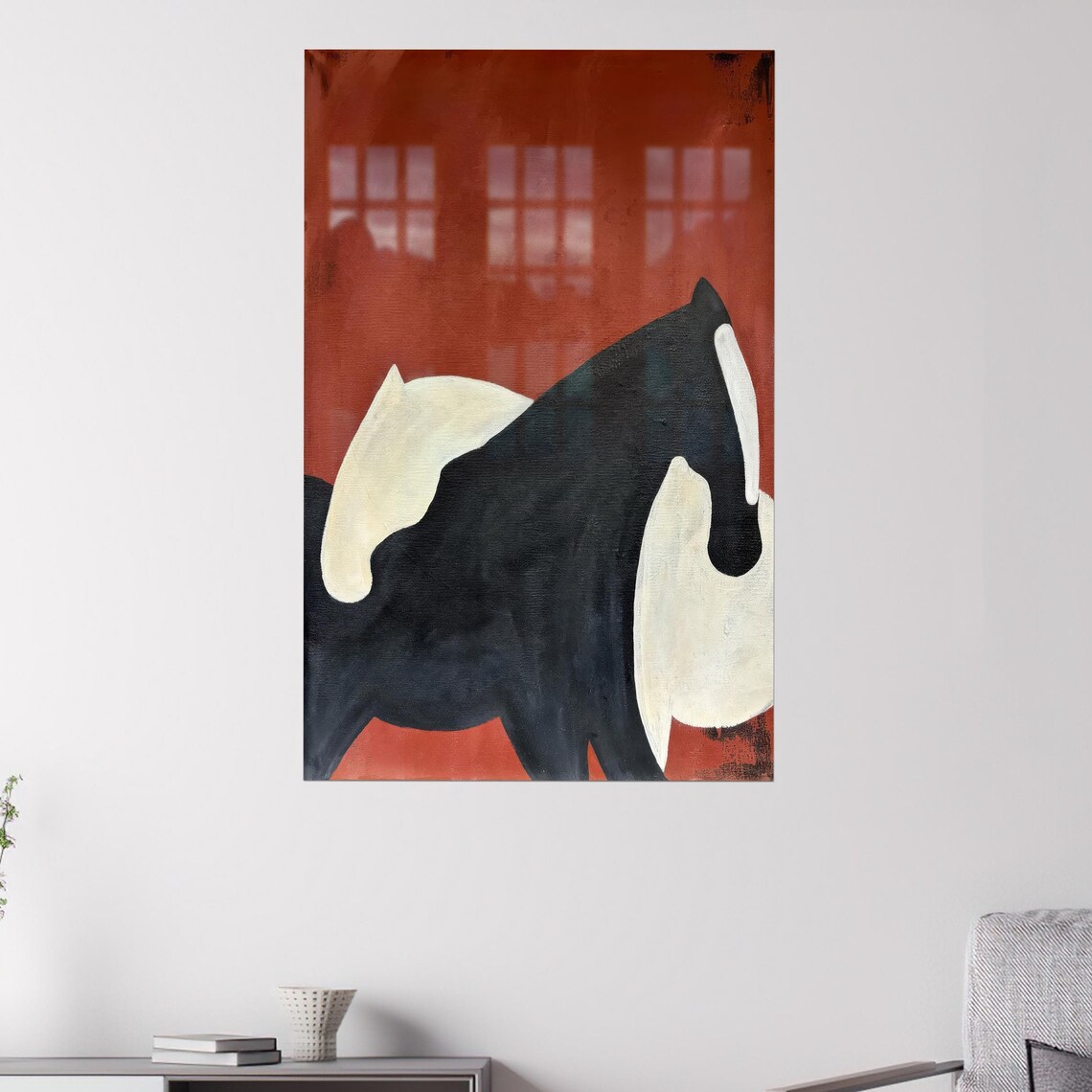 Abstract Black Horses Terracotta Red Minimalist Modern Equine Art Poster