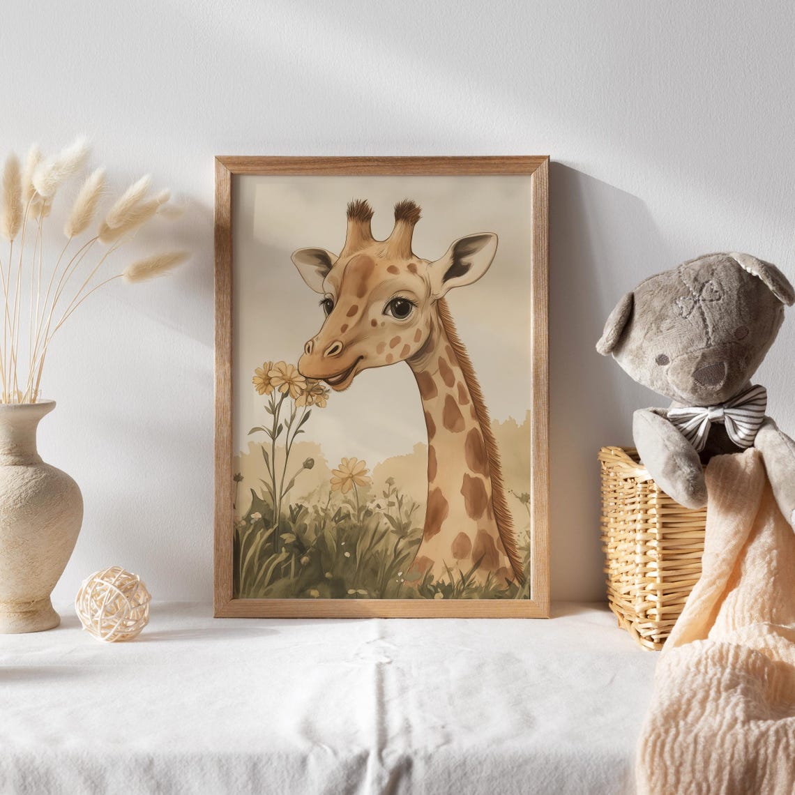 Baby Giraffe Smelling Yellow Wildflowers Close-Up Nursery Poster - Image 2