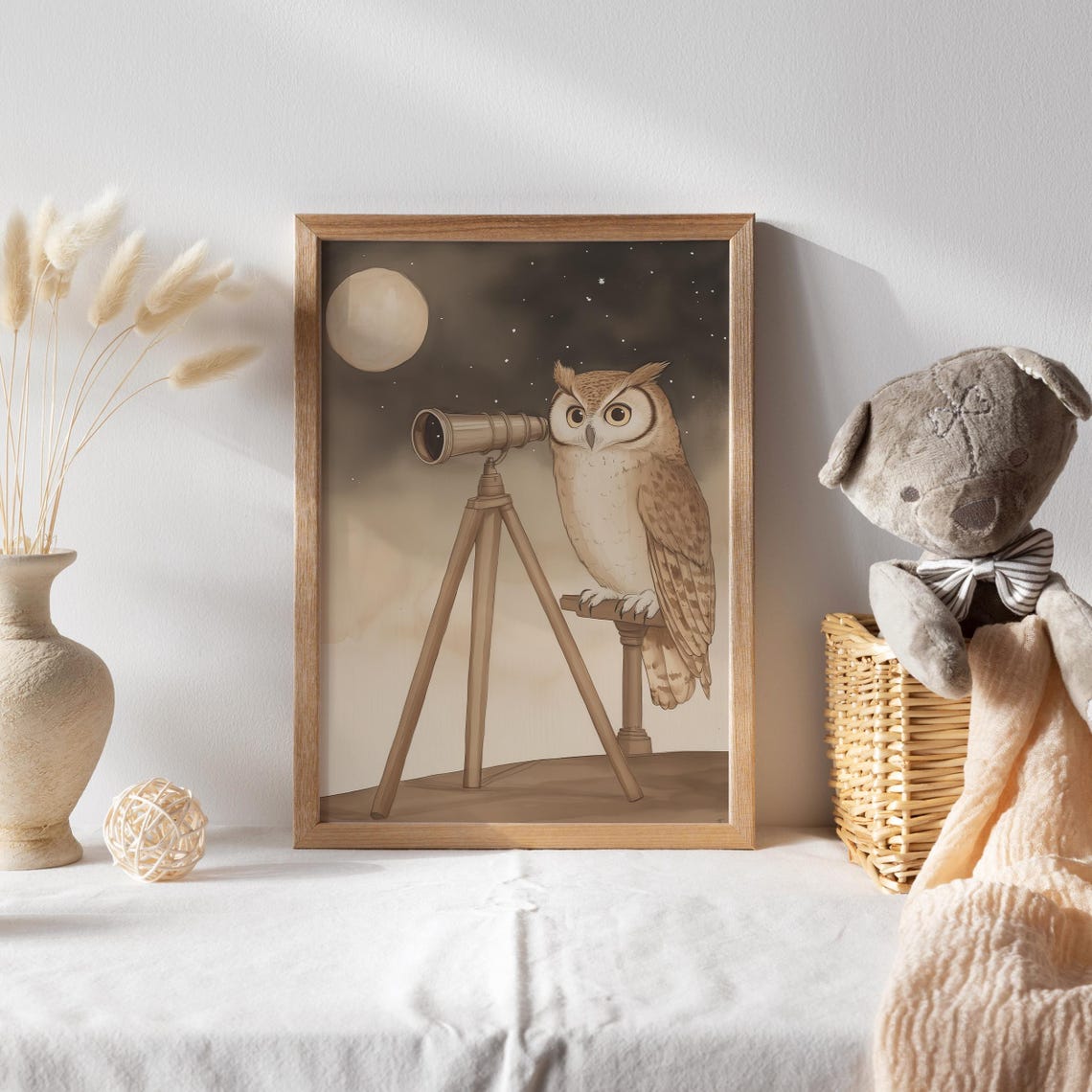 Owl Astronomer with Telescope Under Moonlit Starry Sky Poster - Image 2