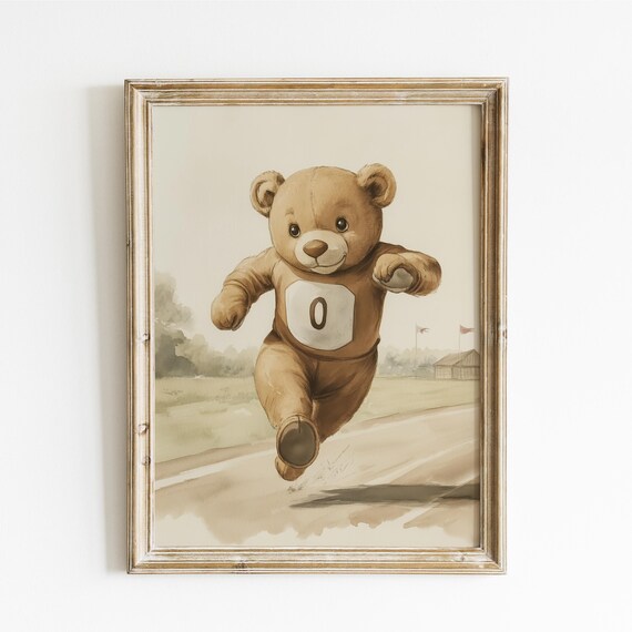 Teddy Bear Running Track Race Wearing Number Zero Bib Poster