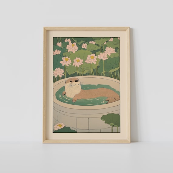 Smiling Otter Floating in a Stone Tub Surrounded by Lotus Poster
