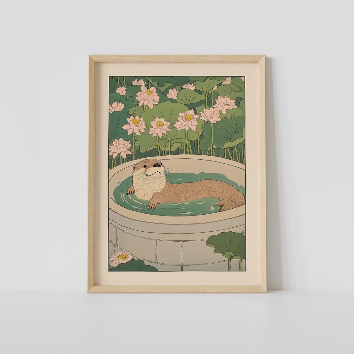 Smiling Otter Floating in a Stone Tub Surrounded by Lotus Poster