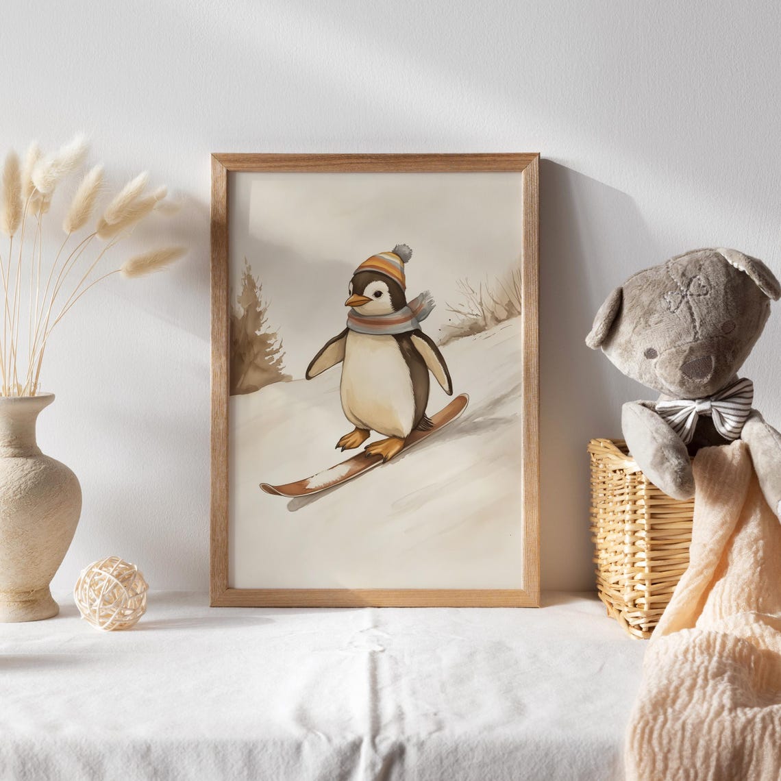 Penguin Skiing Downhill in a Striped Beanie Winter Funny Poster - Image 2
