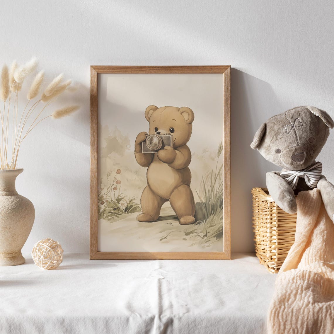 Teddy Bear Photographer Holding Vintage Camera in Meadow Poster - Image 2