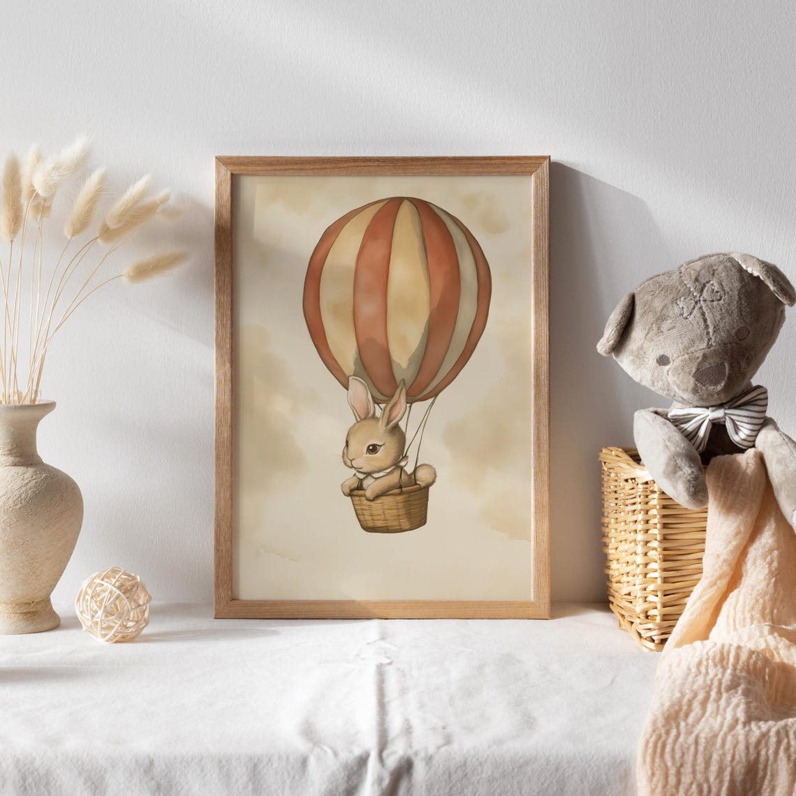 Bunny Riding a Striped Hot Air Balloon Over the Clouds Poster - Image 2