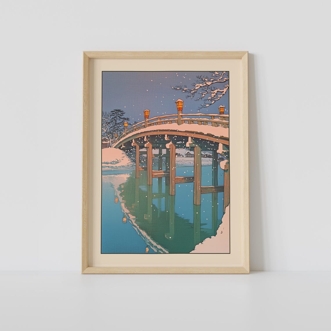 Snowy Japanese Bridge Winter Night Woodblock Snowfall Poster