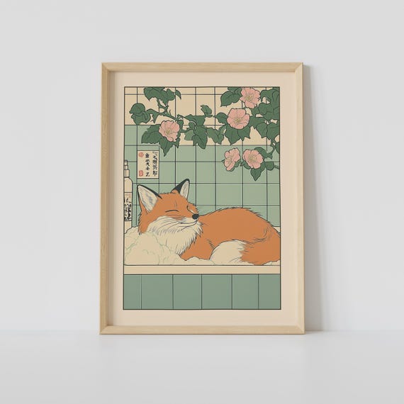 Fox In A Bathtub, Japandi Japanese Bathroom Art Print
