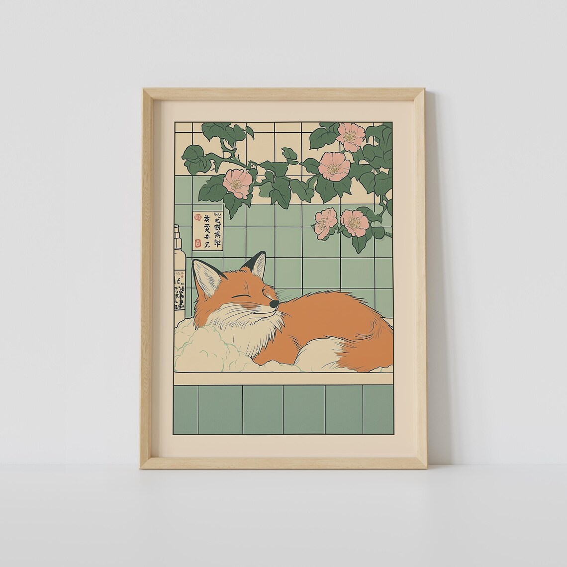 Fox In A Bathtub, Japandi Japanese Bathroom Art Print