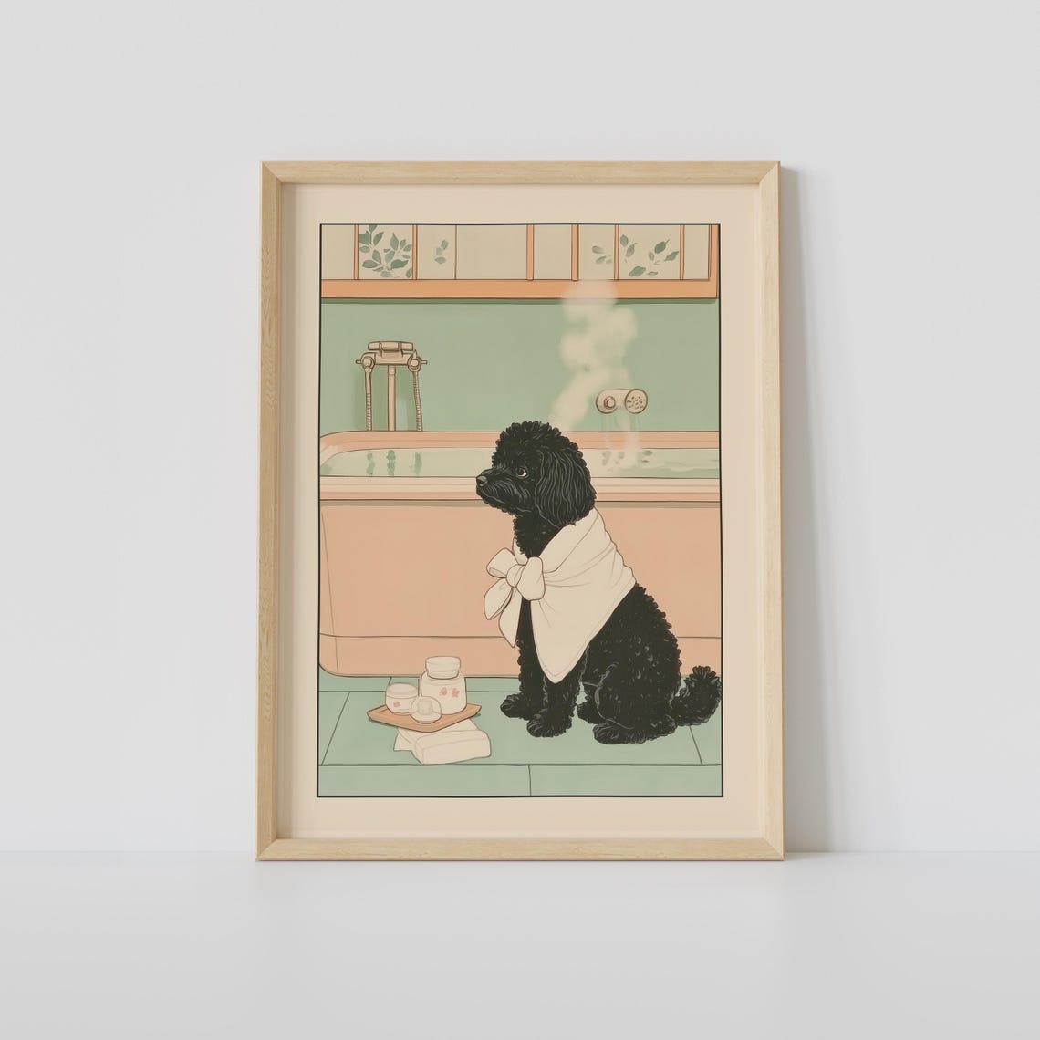 Black Poodle Dog In Bathroom Spa Towel Cute Japanese Art Print