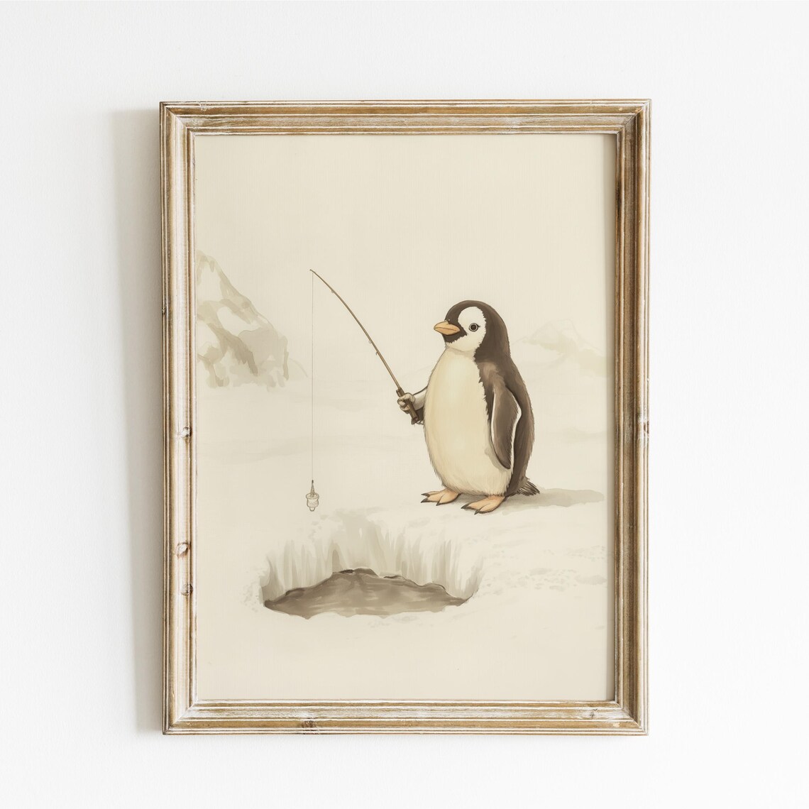 Baby Penguin Ice Fishing at a Hole in the Snowy Arctic Ice Poster