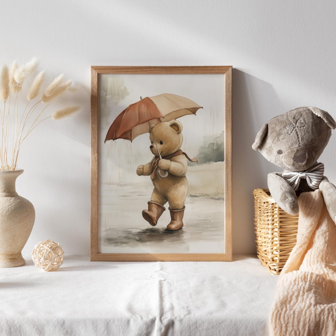 Teddy Bear Walking in Rain With Umbrella Boots and Scarf Poster - Image 2
