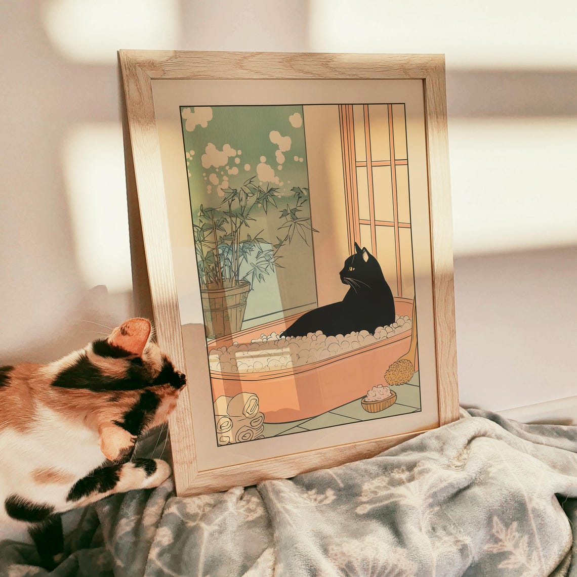 Black Cat in a Bubble-Filled Oval Tub by a Shoji Screen Poster - Image 3
