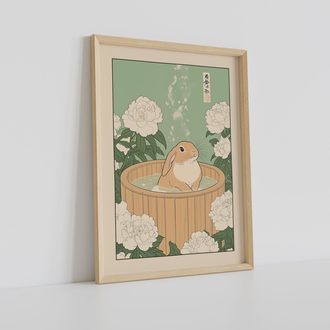 Lop-Eared Rabbit in a Wooden Bath Barrel with White Peonies Poster - Image 2