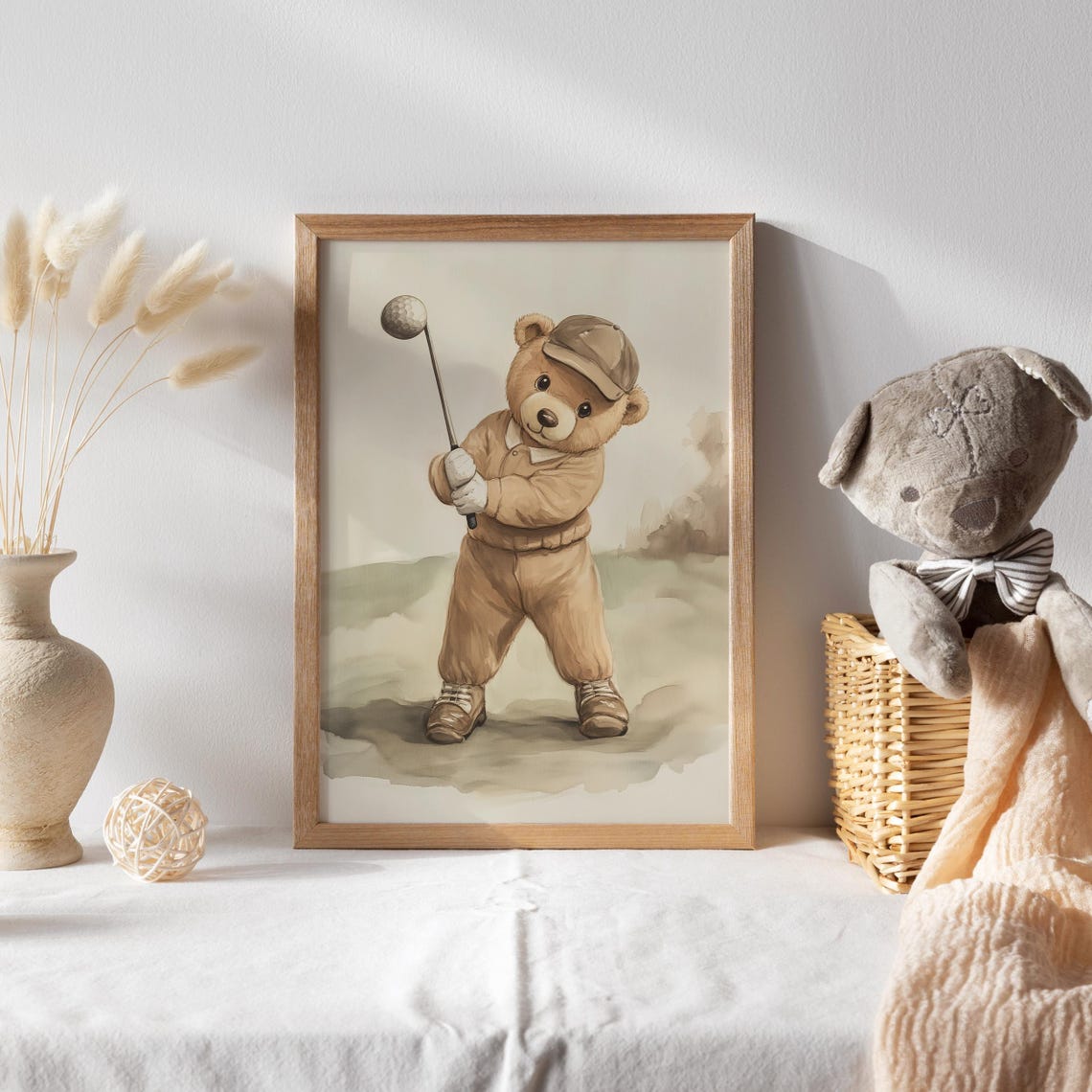 Teddy Bear Golfer Mid Swing in Cap and Sweater Watercolor Poster - Image 2