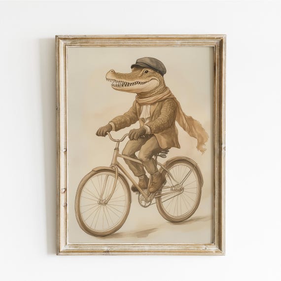 Crocodile Riding A Vintage Bicycle Print Nursery Decor Animal Art Neutral Playroom Kids Room Baby