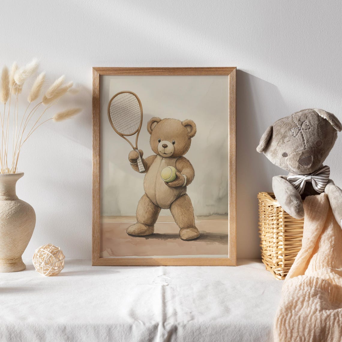 Teddy Bear Tennis Player With Vintage Wooden Racket and Ball Poster - Image 2
