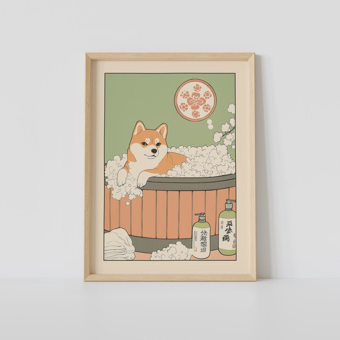 Relaxed Shiba Inu Soaking in Bubble Bath With Paw Window Poster