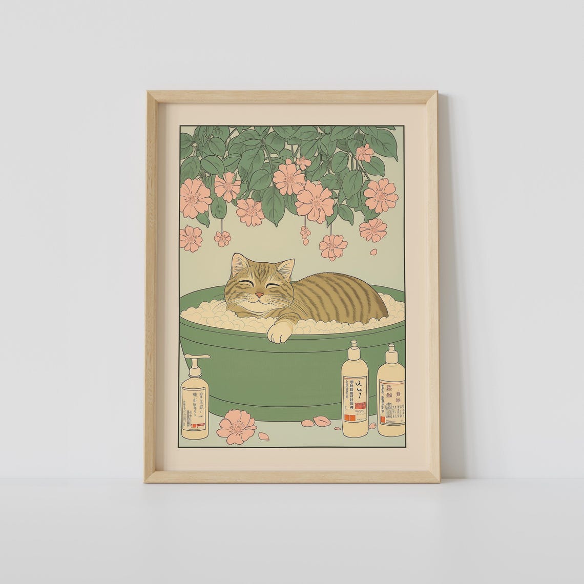 Happy Tabby Cat Eyes Closed in Green Bubble Bath Blossom Poster