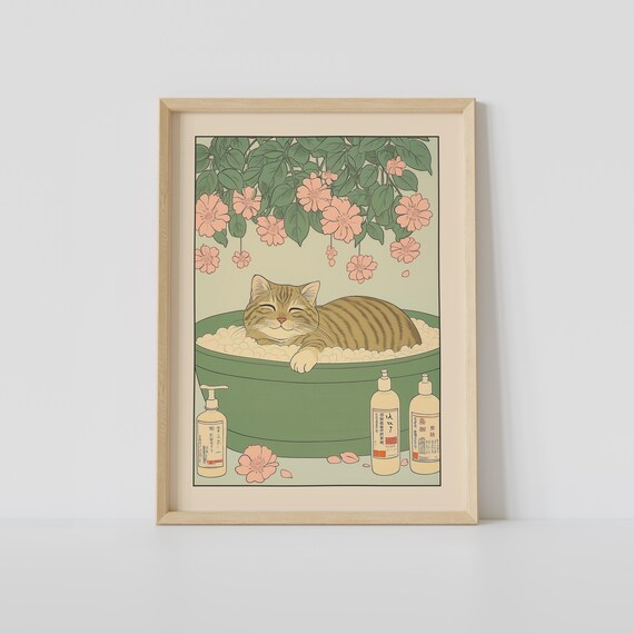 Happy Tabby Cat Eyes Closed in Green Bubble Bath Blossom Poster