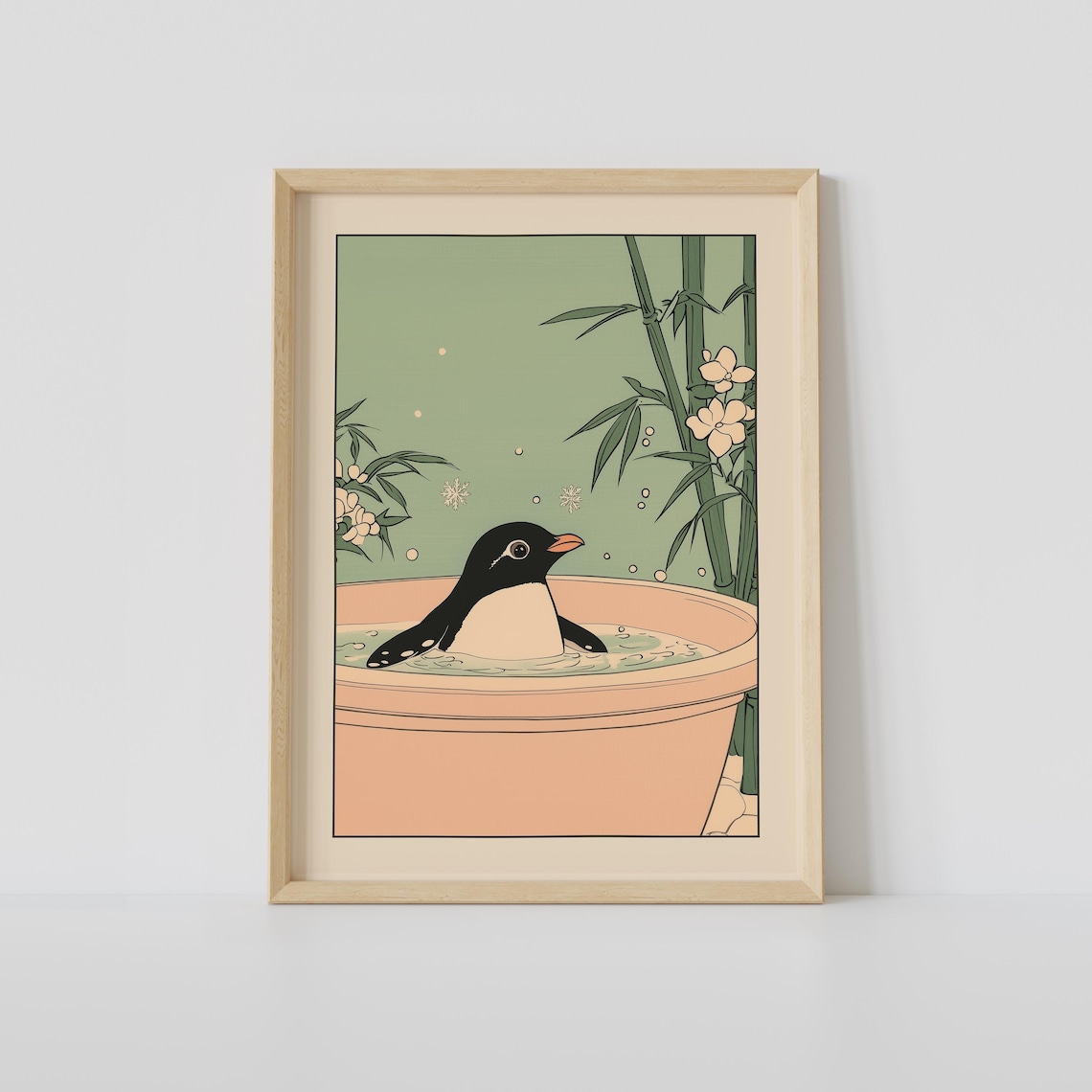Penguin In A Bathtub Japanese Woodblock Style Relaxing Art Print