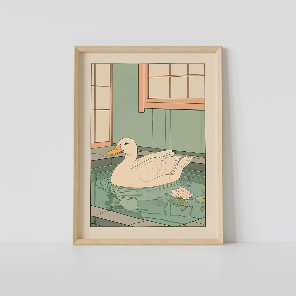 White Duck Bathtub Lotus Flower Japanese Japandi Bathroom Art Poster