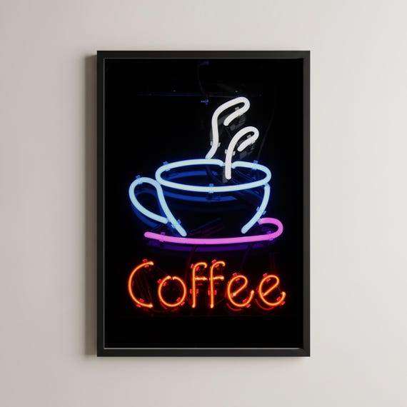 Neon Coffee Sign, Retro Cafe Poster Print