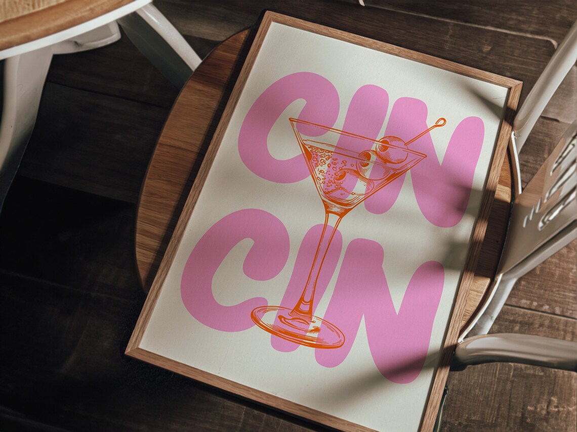 Pink Gin Gin Bubble Letters Orange Martini Glass Bar Cart Poster - Image 3
