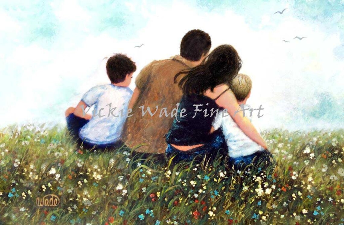 Family Of Four Sitting In Wildflower Meadow Watching Sky Poster