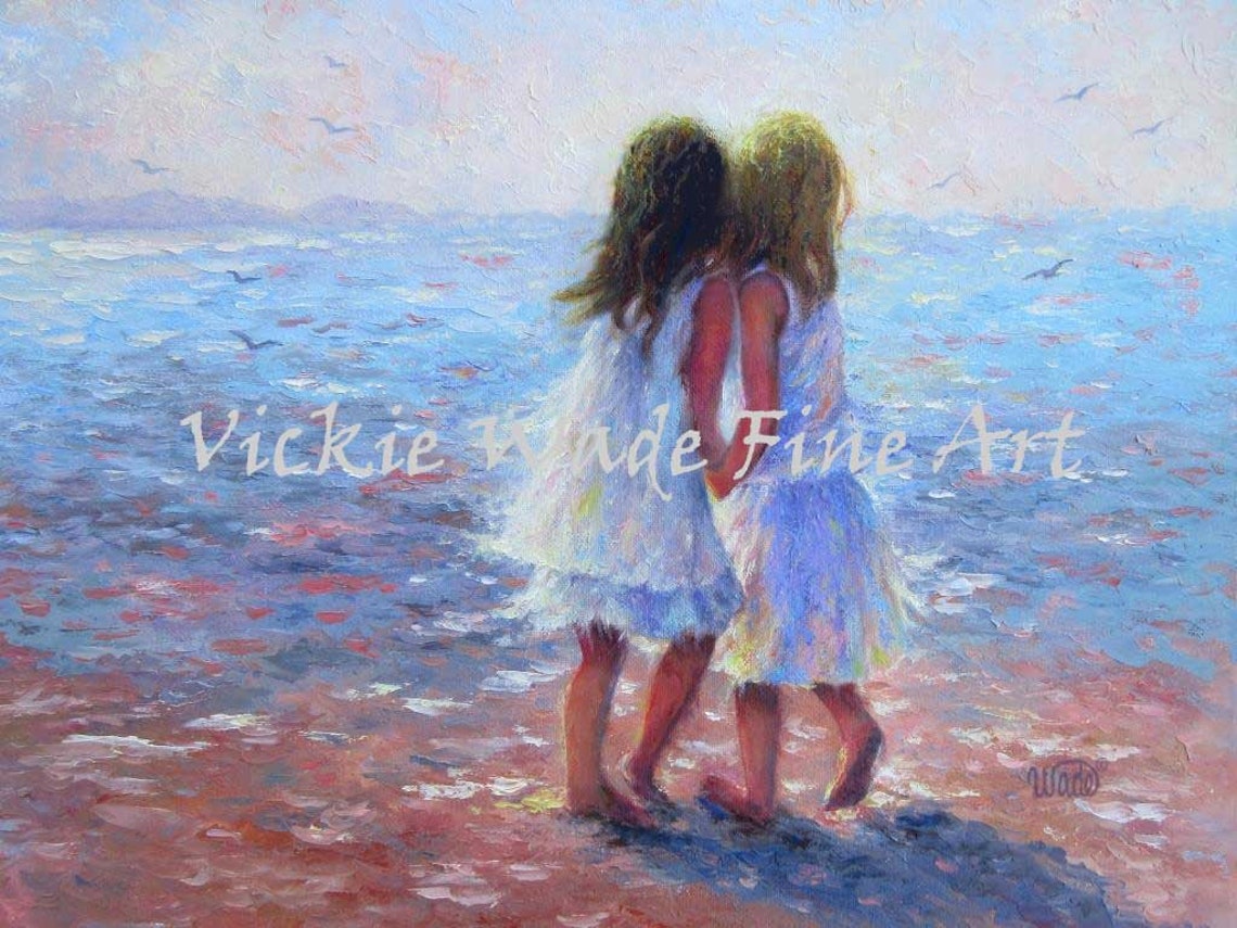 Two Young Sisters in White Dresses Walking at the Beach Art Poster