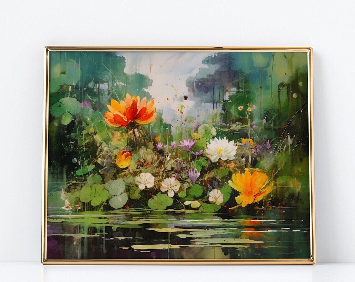 Lotus Flowers Pond Reflection Lush Green Nature Painting Poster