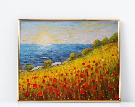 Red Poppy Field Painting Golden Coastal Hill Impasto Oil Poster