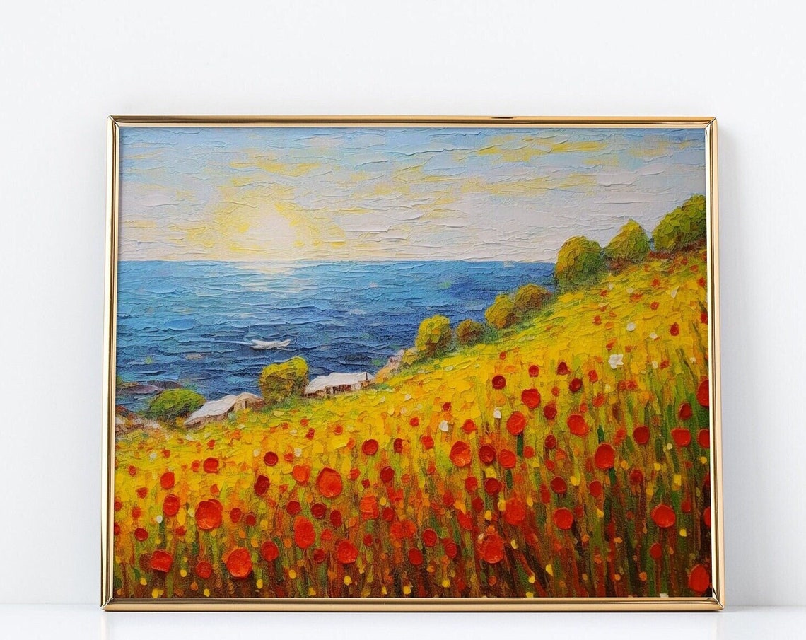 Red Painting Of Yellow Flowers Near The Ocean In The Style Of Impressionist Landscapes Colorful Wall Art Oil Painting