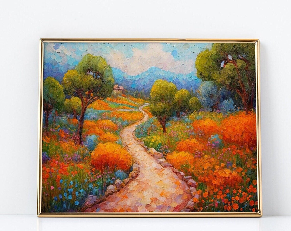 Poppy Path Rolling Hills Pointillist Orange Bloom Landscape Poster
