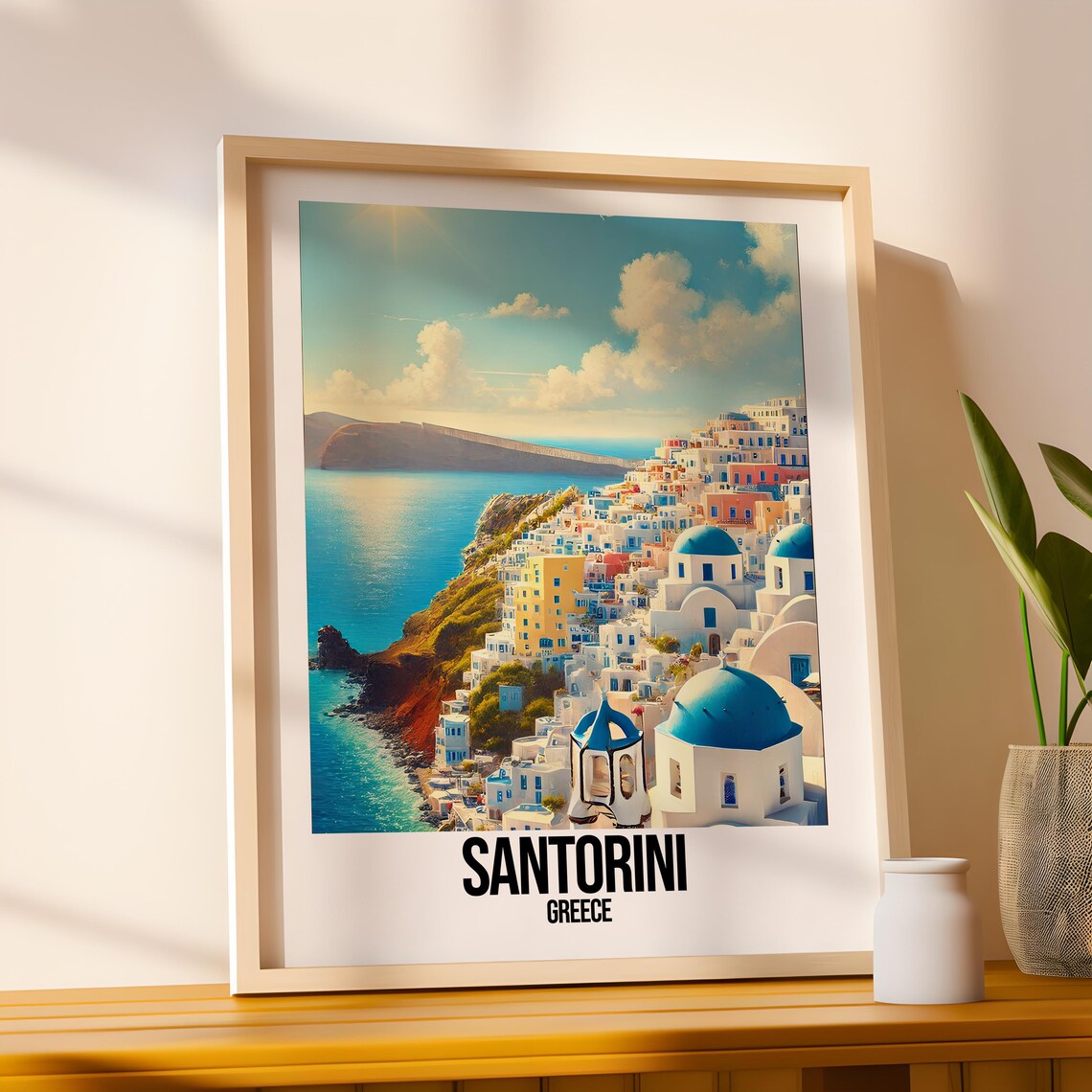 Santorini Greece Travel Poster Blue Domes Aegean Sea Cityscape Decor