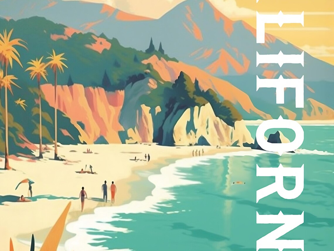 California Beach Cliffs Palm Trees Surf Waves Vintage Travel Poster - Image 3