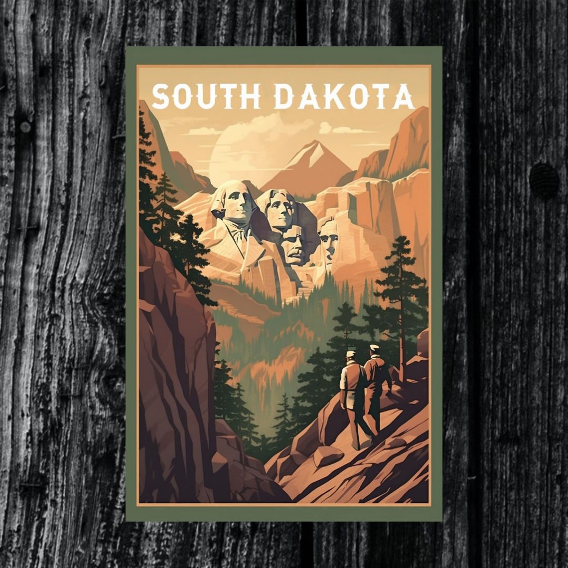 South Dakota Mount Rushmore Mountain Faces Vintage Travel Poster