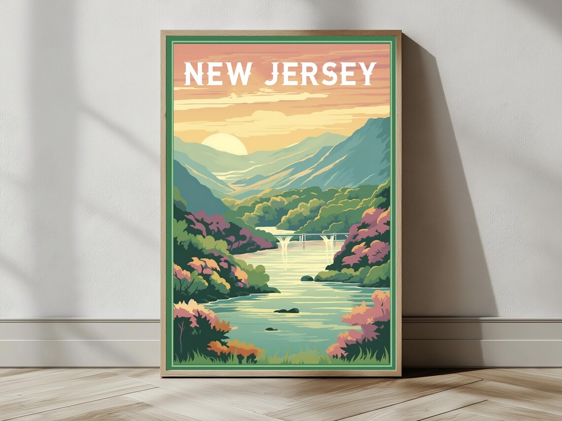 New Jersey River Valley Sunset Waterfall Vintage Travel Poster - Image 2
