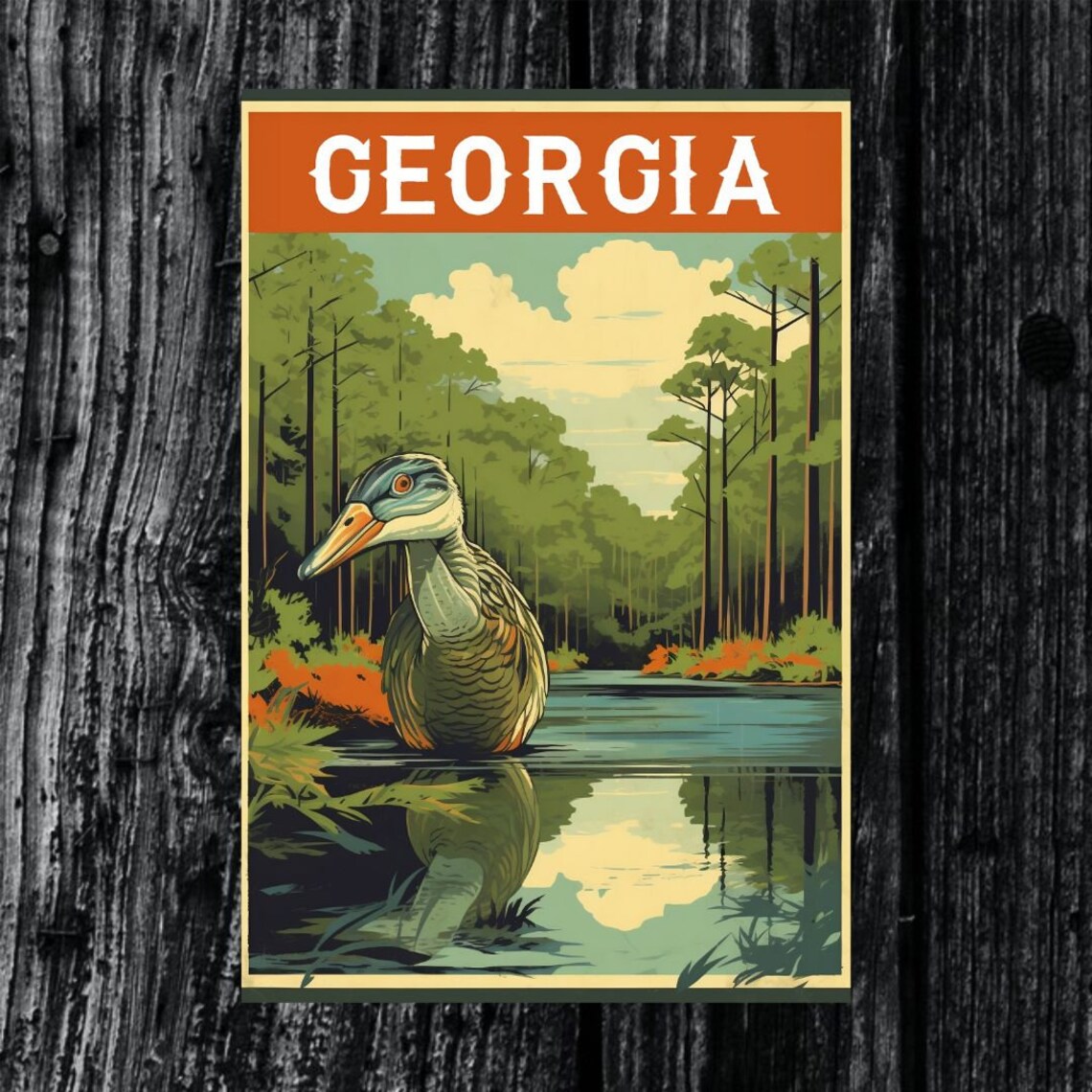 Georgia Swamp Duck Pine Forest Wildlife Lake Vintage Travel Poster
