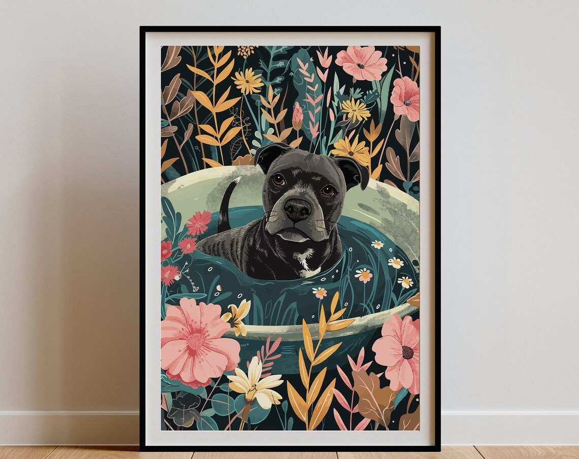 Black Staffy Jungle Bathtub Tropical Art Print