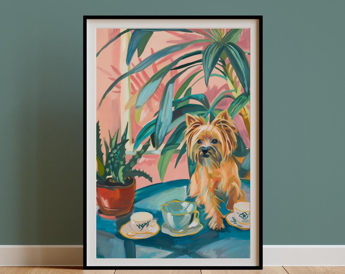 Yorkshire Terrier Tea Time Tropical Table Poster Kitchen Dog Decor