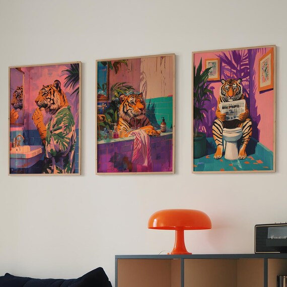Funny Tiger Bathroom Prints Quirky Jungle Animal Art